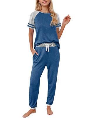 Women Lounge Sets Two Piece Loungewear Short Sleeve Crewneck Jogger Pajama  Set#