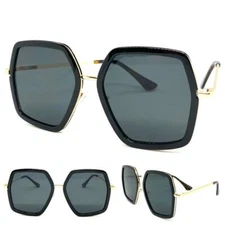 Oversized Exaggerated Retro Modern Style SUN GLASSES Black & Gold Hexagon Frame