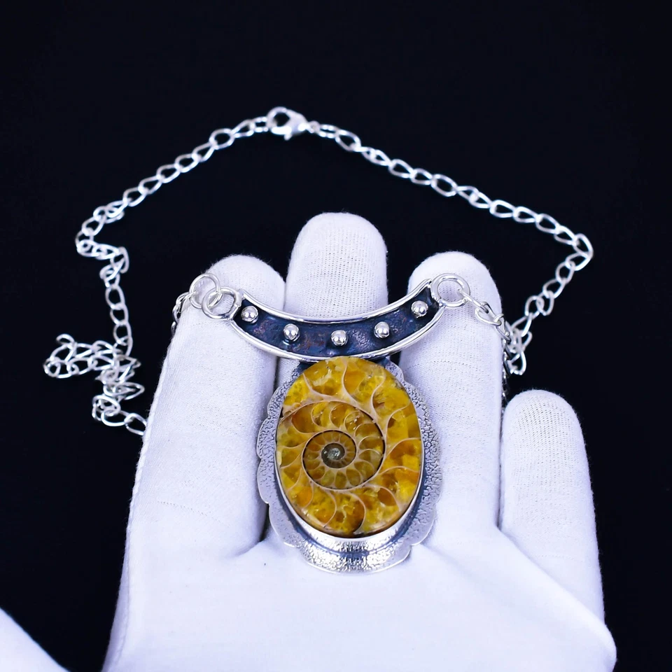 Natürlich Ammonit Edelstein Anhänger 925 Sterlingsilber Halskette Für Hochzeit - Bild 4 von 4
