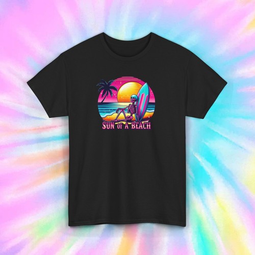 Sun of a Beach Funny Skeleton Surfing Retro Summer Vibe T-Shirt S-5XL - Picture 2 of 13