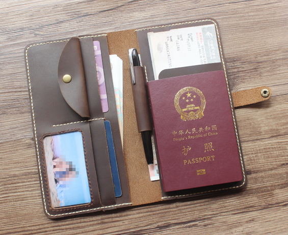 Cow Leather Passport Holder Wallet Bifold Card Pouch Brown H344-image