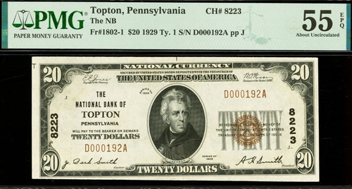 1929 $20 National Bank of Topton, Pennsylvania CH# 8223 PMG 55EPQ rare grade
