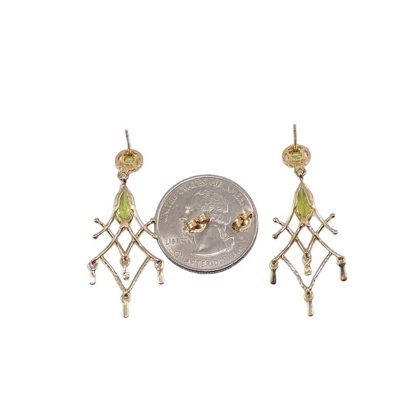 Solid 14K Yellow Gold Green Peridot Diamond Accent Chandelier Earrings - Image 3 of 3