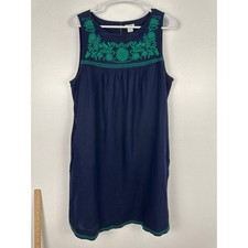 J.Crew outlet shift dress navy blue linen distinctive green embroidery Medium