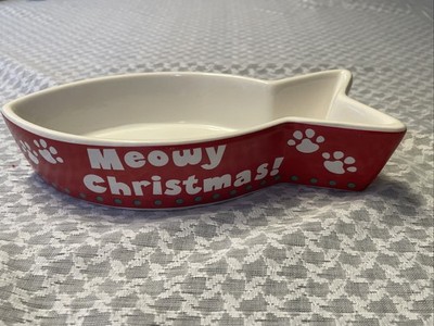 Meowy Christmas Cat Bowl Fish Shaped Red Food/Water Ceramic Red White Paw Prints