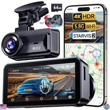 4K Dash Cam Front & Rear, Touch Screen, Wi-Fi, GPS, Night Vision, 64GB Card