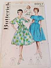Butterick 8997 Dress Sewing Pattern Ladies 14 VTG UC Puff Flare Cuff High Waist