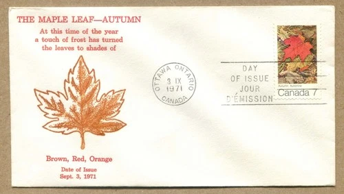 CANADA 1971-09-03 First Day Cover. THE MAPLE LEAF- AUTUMN Brown, Red, Orange FDC
