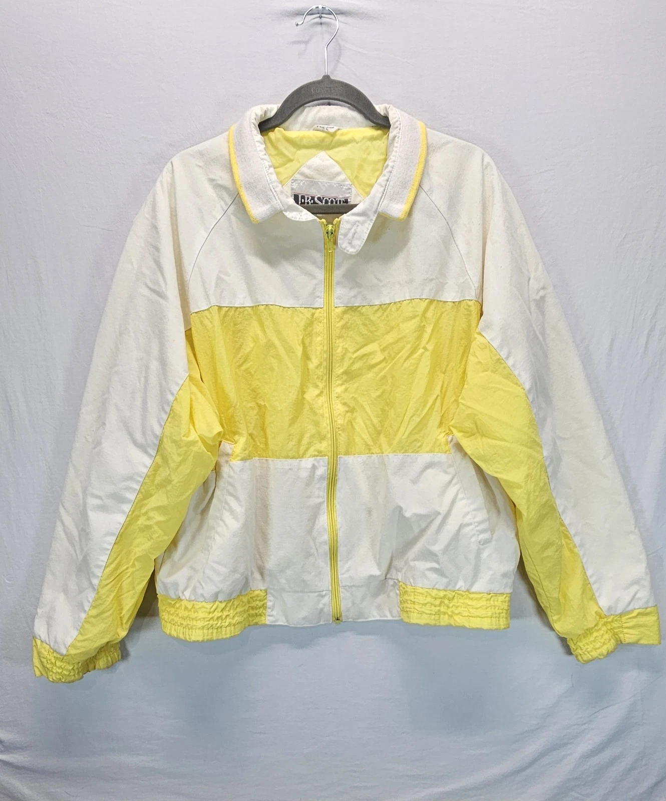 Vintage J.B. Scott Windbreaker Jacket Yellow White Full Zip USA Large Retro