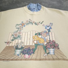 Vtg Cat Sweater Kitty Garden Teddy Bear Medium Sweatshirt Grandma Floral Flowers
