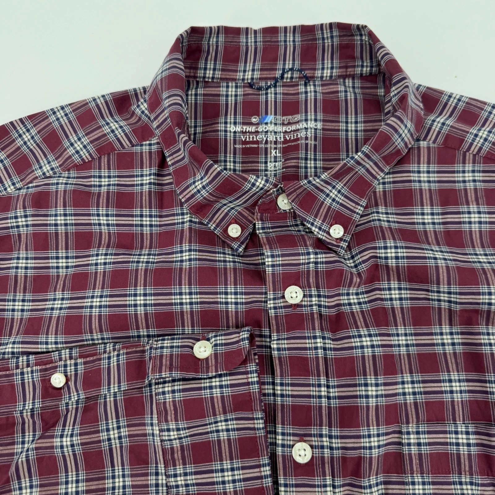 Vineyard Vines OTG Performance Shirt Mens XL Maroon Plaid Brrr Cooling Stretch