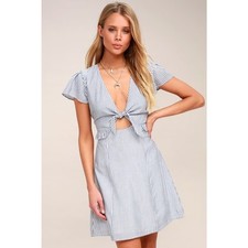 Lulus Seaport Blue & White Stripe Tie Front 100% Rayon Mini Dress - S - NEW