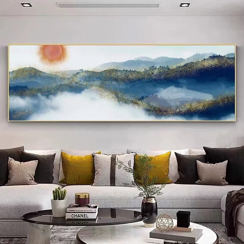 Panoramic Minimalist Mountain & Sunset Painting Canvas Wall Art Home Decor