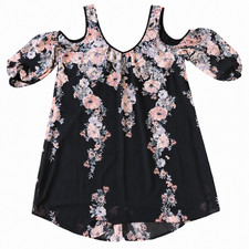 Maurices Dress Womens L Black Pink Floral Cold Shoulder Chiffon Lined A Line
