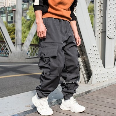 Men Fleece Lined Baggy Cargo Pants Wide Legs Trousers Hip Hop Loose Thick Casual