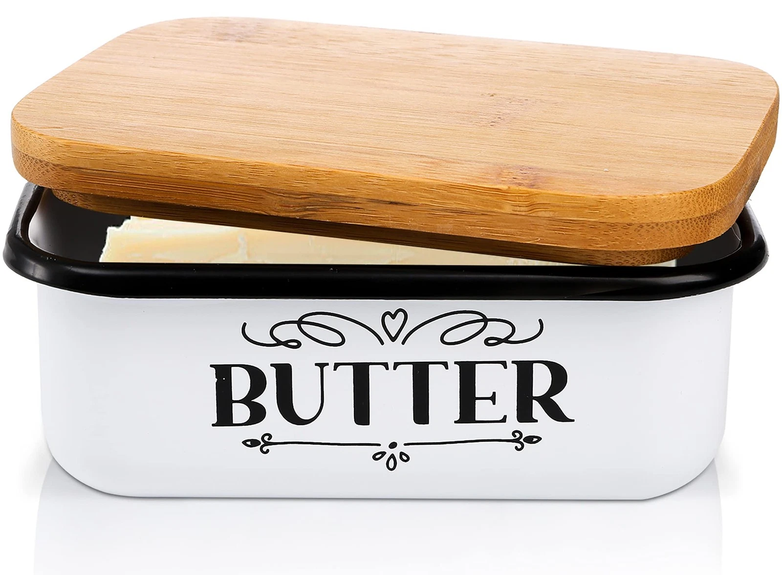 Yesland Butter Dish With Wooden Lid - 6"(L) x 4"(W) x 2.1(H)", White & Brown