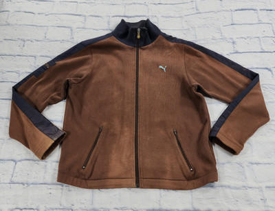 Puma Knit Jacket WOMENS SIZE L Brown Gray Mock Neck Full Zip Track VINTAGE 