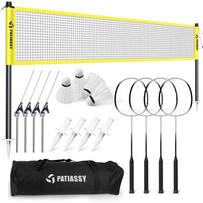 Outdoor Professional Badminton Set with Poles 4 Carbon Aluminum Rackets, Birdies