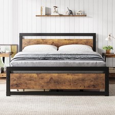 Queen Size Bed Frame Metal Heavy Duty Platform Bed Frame w/ Headboard Industrial