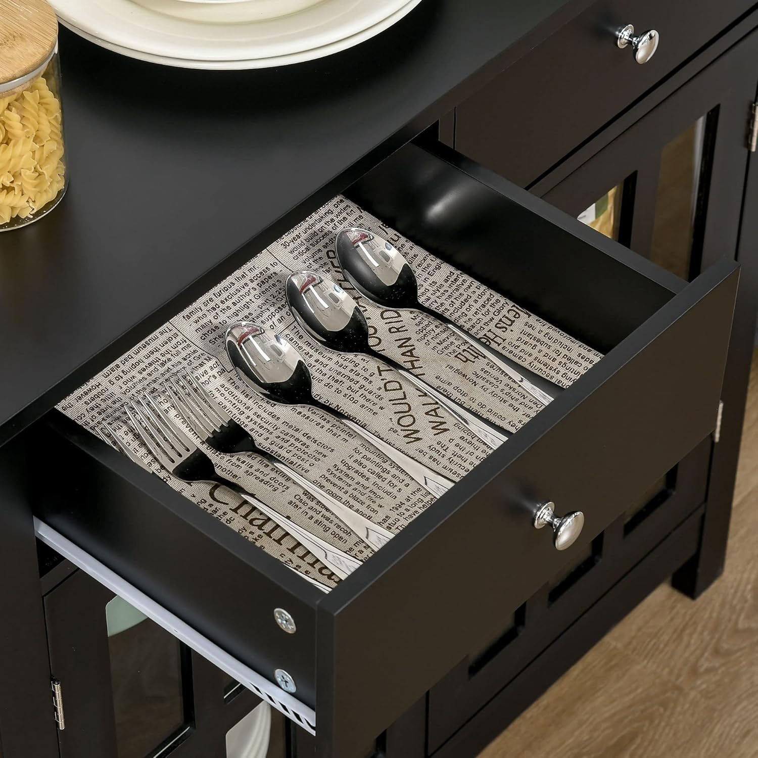 Stylish Black Sideboard Buffet Cabinet with Glass Doors and Adjustable Shelves