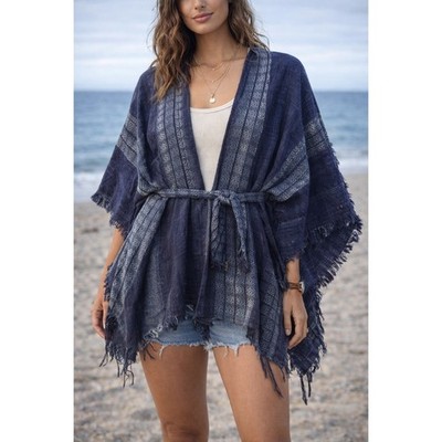 Free People Indigo Blue Woven Fringe Kimono Wrap Poncho with Belt OS