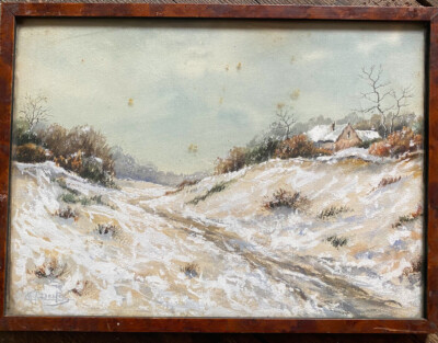 :AQUARELL SIGN. A.DENIS BELGISCHE WINTERLANDSCHAFT MIT HÜGELN HÜTTE LANDHAUSSTIL