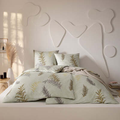 Estella Mako Jersey Bettwäsche 135x200 Fiamma schilf Farn Blätter oliv  6986-280