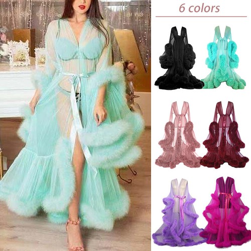 Damen transparentes Netz Nachthemd flauschig Kunstfellbesatz Nachthemd Kleid Foto Requisite - Bild 1 von 16