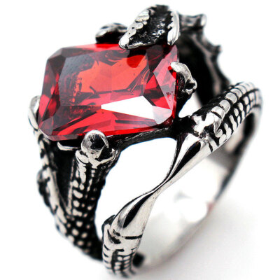 Vintage Dragon Claw Square Red CZ Ring Stainless Steel Retro Knight Wedding Ring