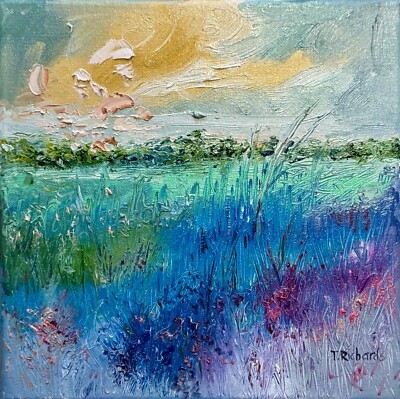 Field painting ORIGINAL art Landscape sunrise Floral flower wildflower 10x10 