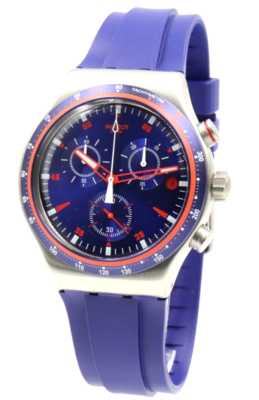 New Swiss Swatch Irony HOOKUP Chrono Blue Silicone Date Watch 43mm