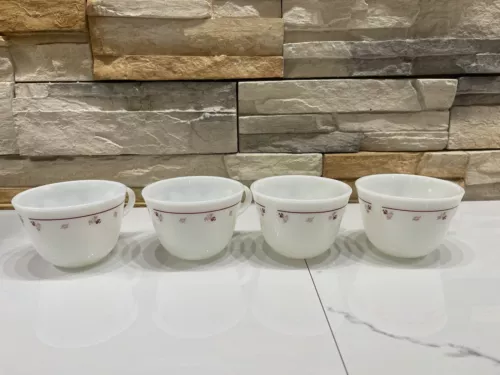 Pyrex Milk Glass Coffee Tea Mugs Dark Red Burgundy Flower Rose Leaf Vtg Set Of 4