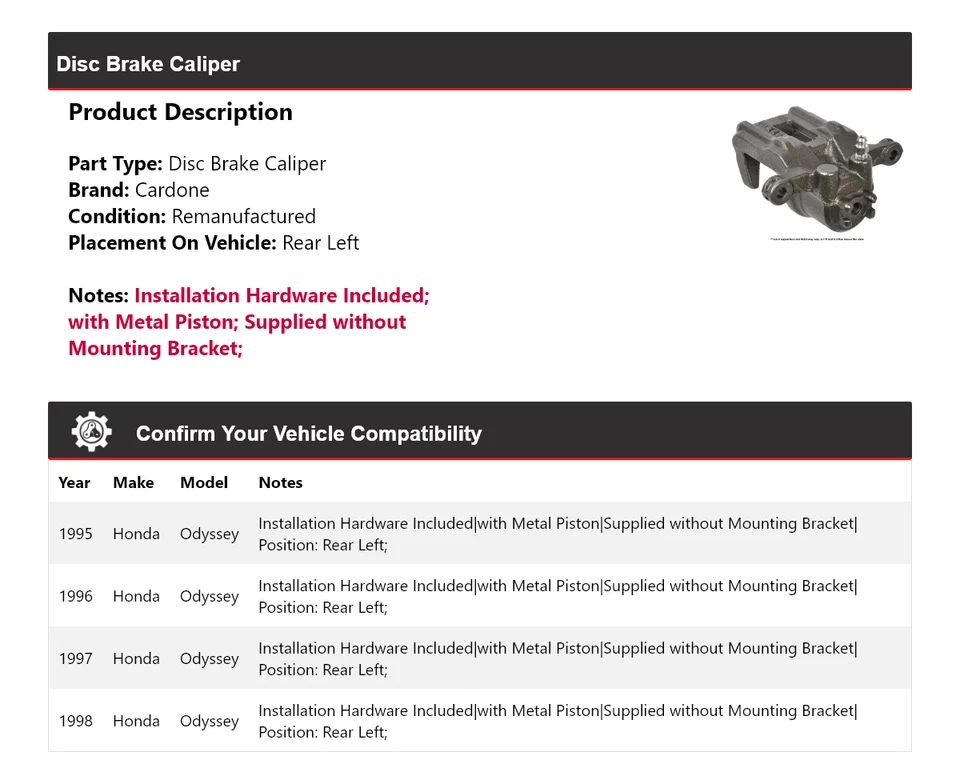 适用于 1995 - 1998 年本田 Odyssey 盘式制动卡钳 左后 Cardone 1996 1997 — 第 2/4 张图片