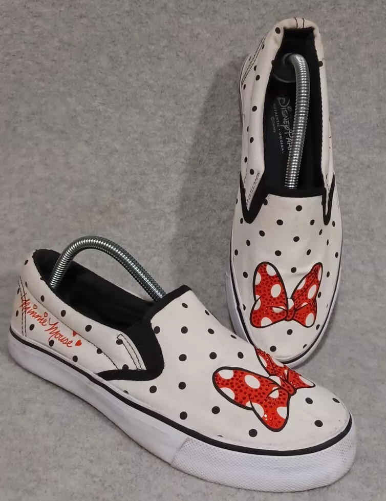Disney Parks Minnie Mouse Slip On Shoes White wBlack Polka Dots Red Bow Size 10