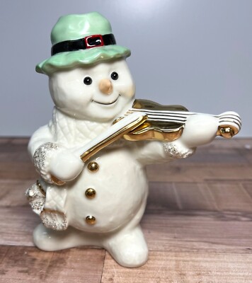Mikasa Snowman Figurine Playing Violin Handcrafted Ceramic Collectible White/Gre