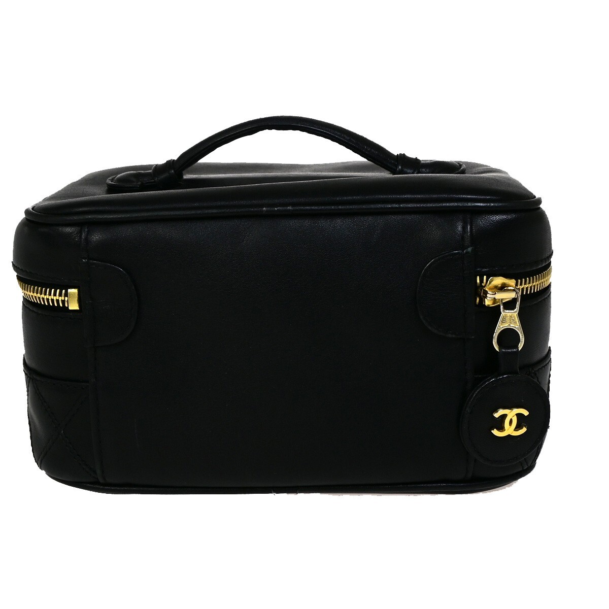 無地レザーに華やかなCCマーク【CHANEL】CCロゴスリングバック CHANEL CC Logo Bicolore Vanity Hand Bag Leather Black GHW