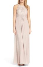 ELIZA J BEADED LACE & CHIFFON MAXI beige DRESS sz 10