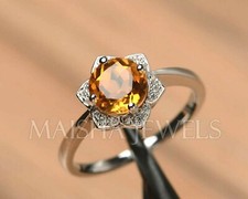 925 Sterling Silver Natural Yellow Citrine 7 MM Round Cut Wedding Designer Ring