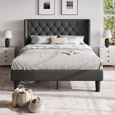 Full Queen King Bed Frame with Diamond Button Tufted Wingback Headboard DarkGrey