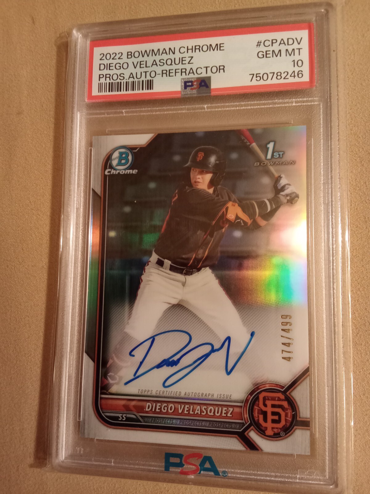 2022 Bowman Chrome Diego Velasquez #474/499 AUTOGRAPH REFRACTOR #CPADV  PSA 10