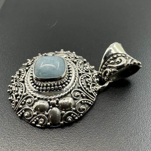 Aquamarine Circle Crystal in Bali/Filigree Sterling Silver 925 Pendant #1027 - Picture 3 of 5