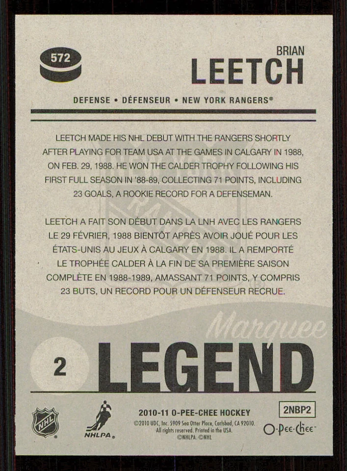 2010-11 O-Pee-Chee #572 Brian Leetch L - Image 2 of 2