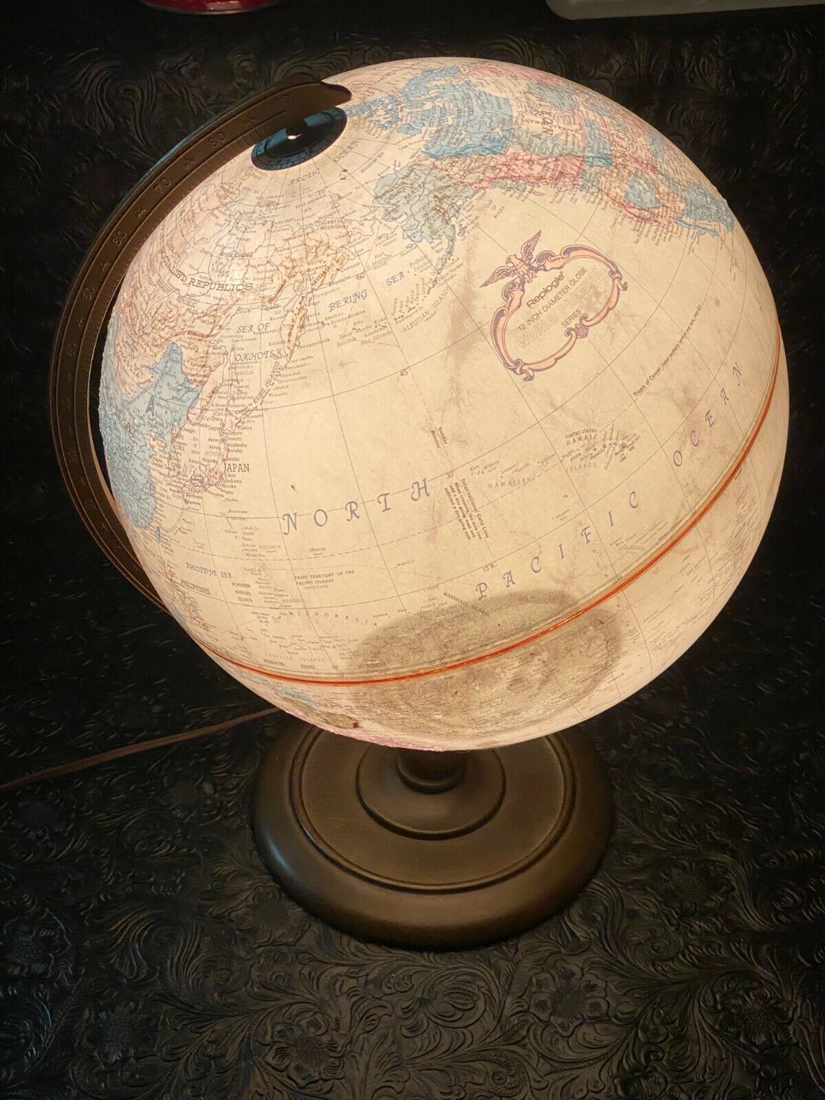 Vintage Replogle 12" Diameter World Premier Series Light Up Globe Wood Stand 