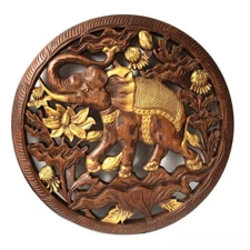Wood Carved Round Elephant Lotus Plaque Feng Shui Wall Hanging Sculpture Decor