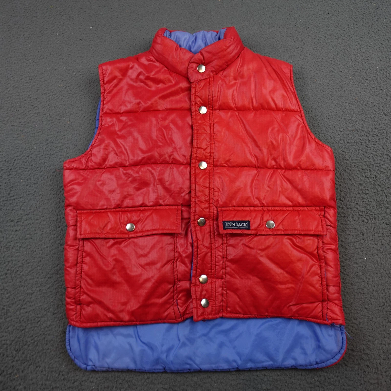 Vintage Kenjack Vest Mens Medium Red Puffer Snap Nylon Blue Lined Outdoor