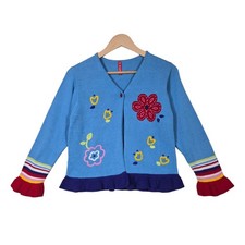 Hanna Andersson Cardigan Sweater sz 10 140 Blue Multi Floral Cotton Colorful