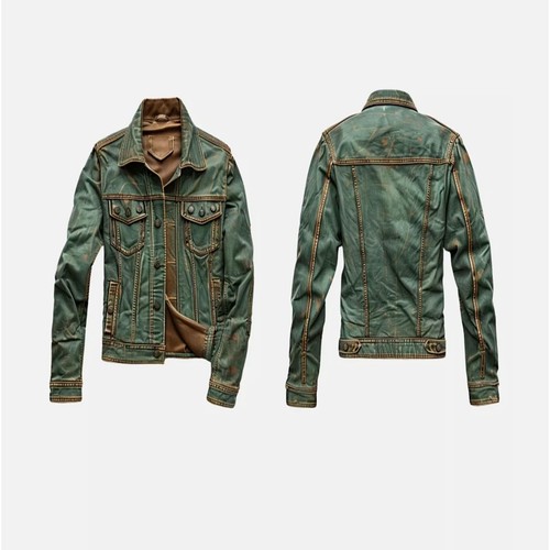 Trucker Leather Jacket For Men,Real Lambskin Vintage Style Leather Jacket Green - Picture 3 of 4