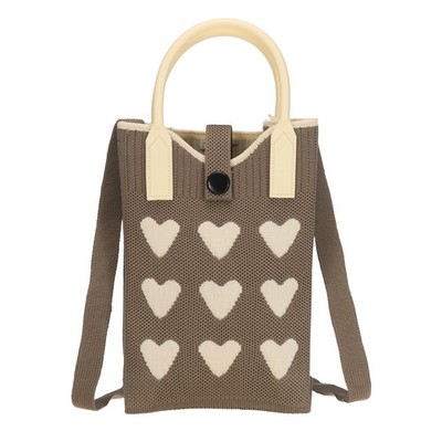 Knit Phone Crossbody Bag, Mini Crochet Handbag with Heart Pattern, Khaki