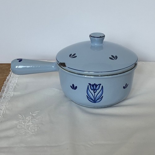 Vtg DRU Holland Blue Enamel Cast Iron Sauce Pan Lid Floral Tulip Farmhouse Decor