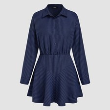 NEW Cider Collar Striped Ruffle Mini Shirt Dress Dark Blue